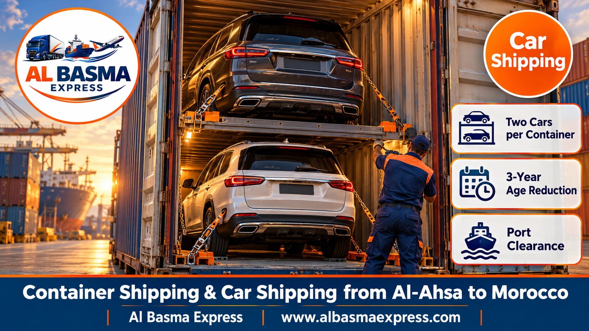 Two SUVs on two racks inside a 40ft container in a warehouse with a worker tightening a lashing chain