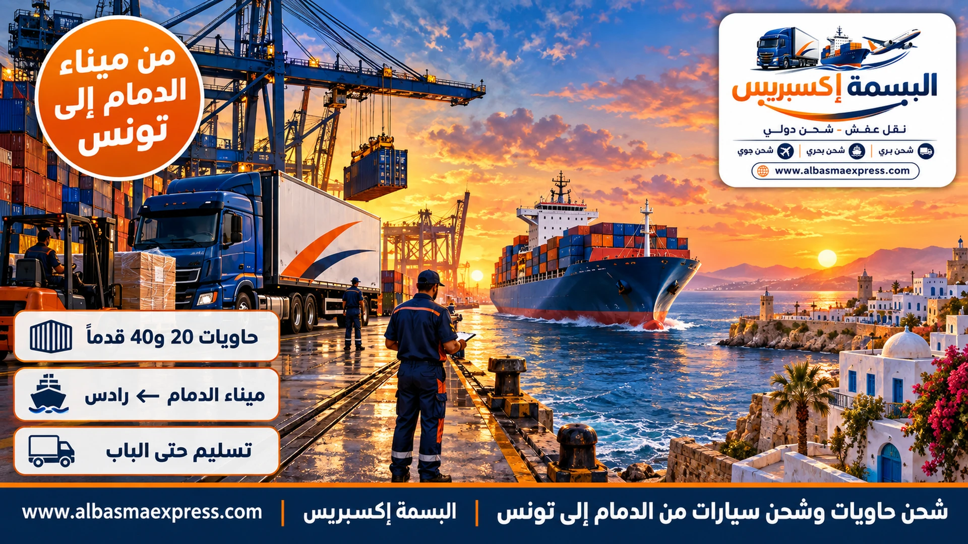 شحن حاويات وشحن سيارات من الدمام إلى تونس: حاوية تُختم عند بابك وتصل إلى رادس مع إرشاد العودة النهائية