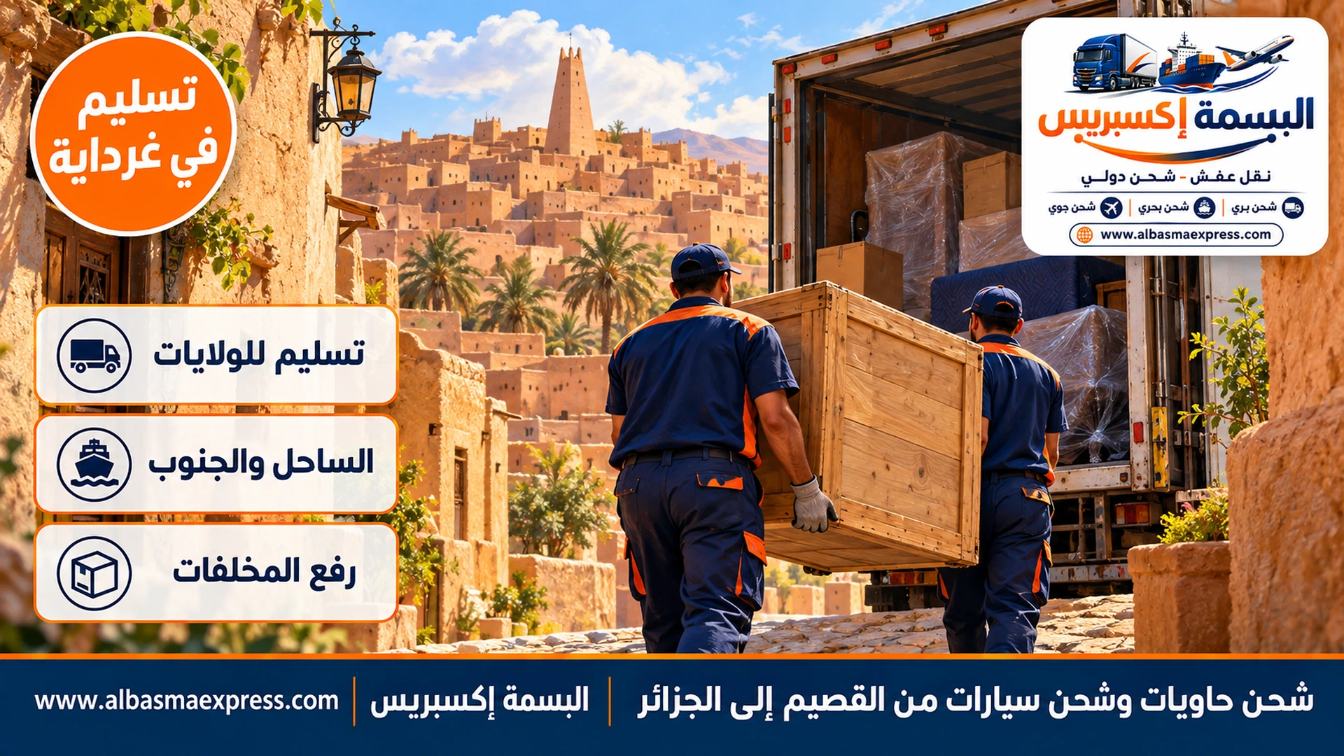 بيوت متدرجة بألوان ترابية ومئذنة هرمية في مدينة صحراوية جزائرية وعاملان يحملان صندوقاً خشبياً عبر زقاق