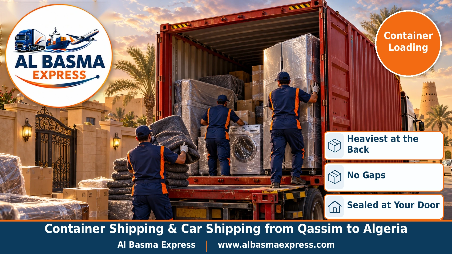An open red 40ft container outside a walled home in Buraidah with two workers stacking large appliances at the back and a third filling gaps with blankets