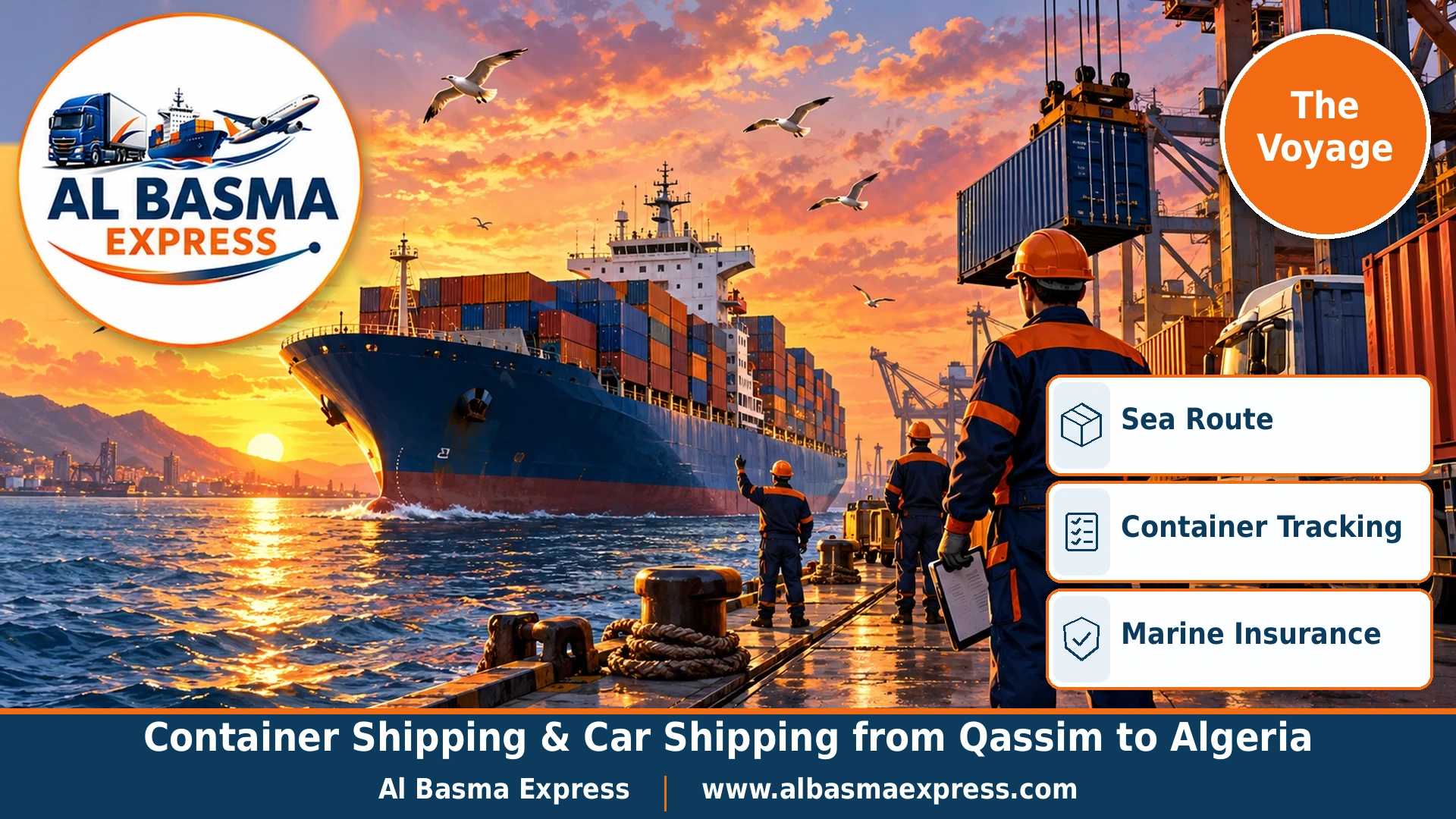 A large container ship sailing a calm sea at sunset with a flock of seabirds above