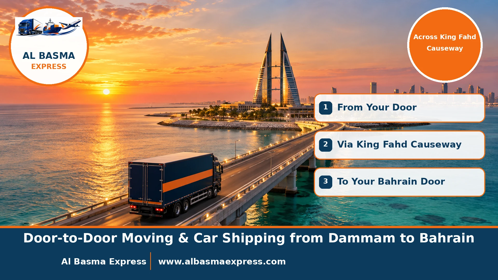 Door-to-Door Moving & Car Shipping from Dammam to Bahrain | Via King Fahd Causeway, Same-Day Delivery