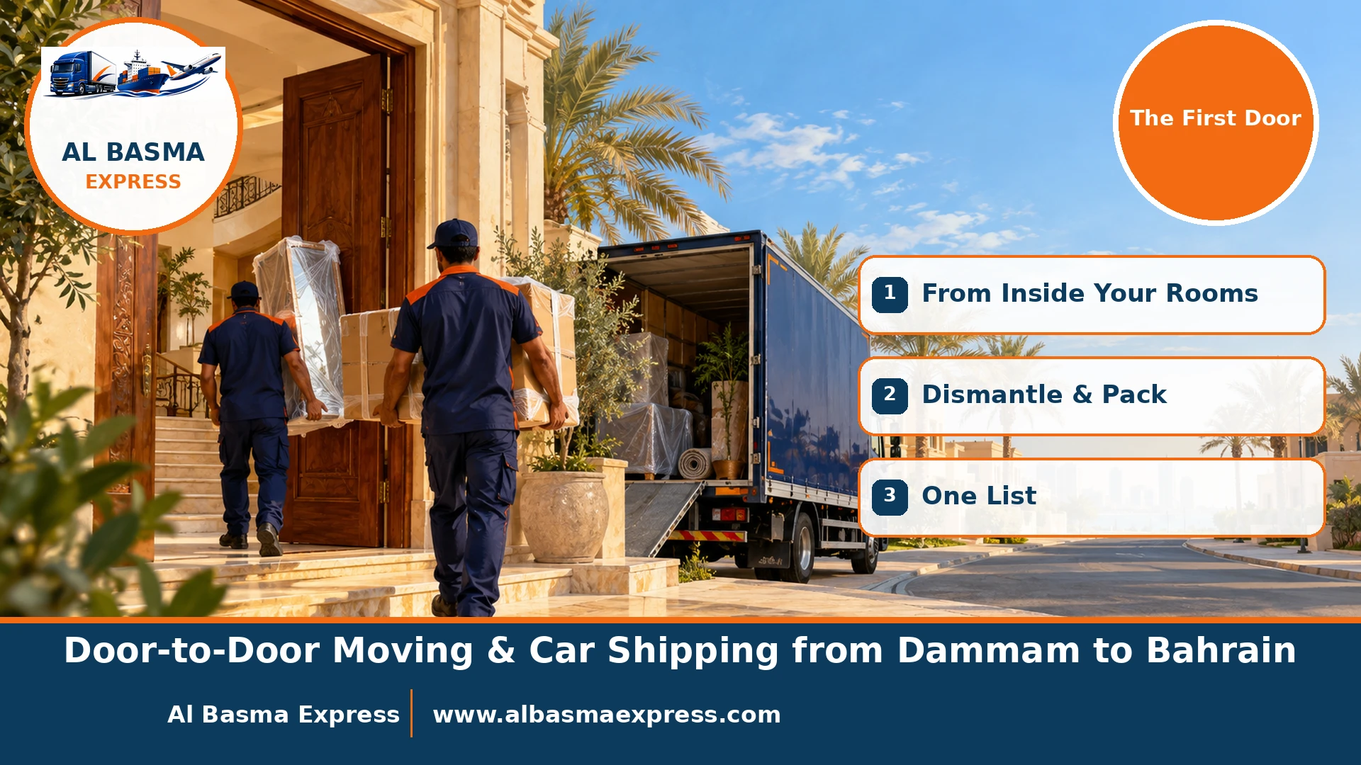 Two workers carrying a large box and a wrapped mirror out of a villa entrance in a Dammam residential district towards a navy truck