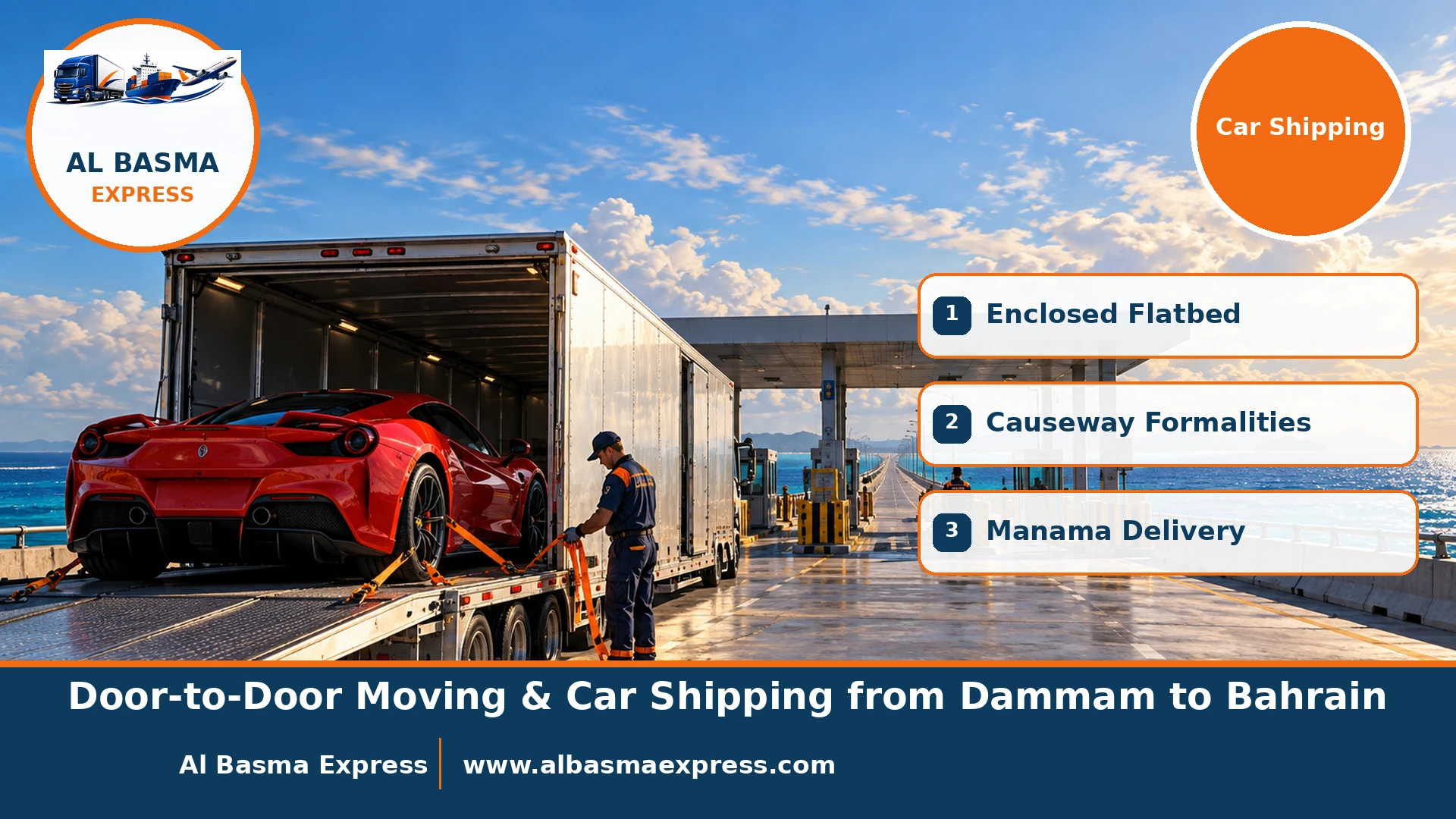 A red sports car on an enclosed hydraulic flatbed at the customs plaza on the King Fahd Causeway with blue water on both sides