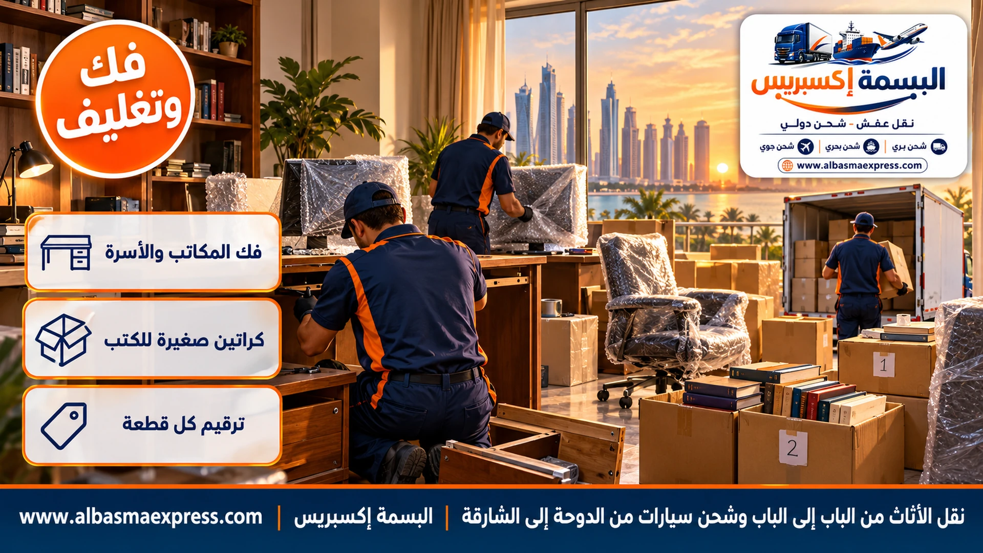 فك مكتب خشبي وتغليف الشاشات في مكتب منزلي بشقة في الدوحة وكتب في كراتين صغيرة مرقمة