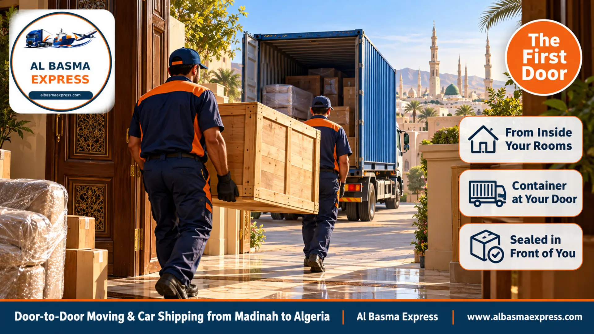 Two workers carrying a wooden crate out of the entrance of a home with a large wooden door in a Madinah residential district towards a blue container on a truck outside