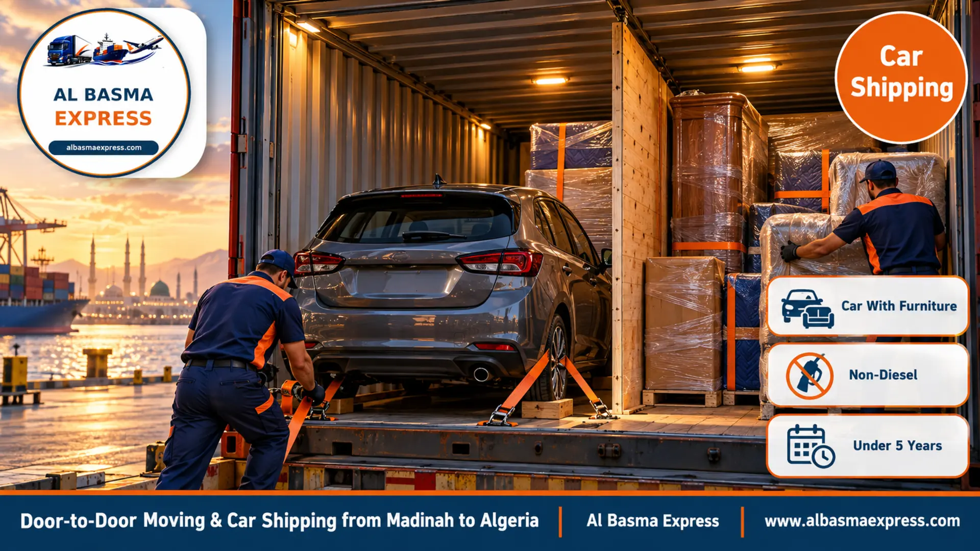 A grey hatchback secured inside a container beside wrapped furniture crates with a timber wall separating them