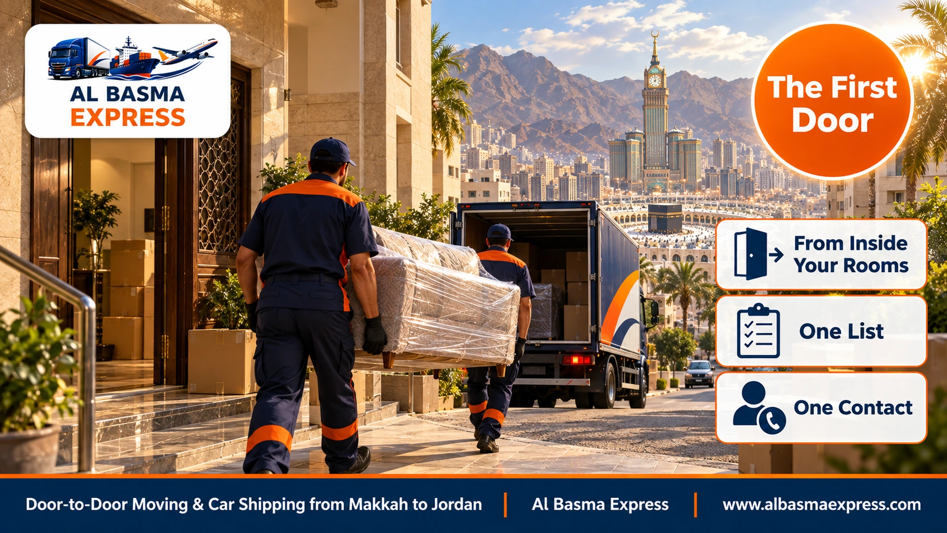 A residential building in Makkah's Al-Aziziyah district with two workers carrying a wrapped sofa towards a navy truck and rocky mountains behind the buildings in the morning