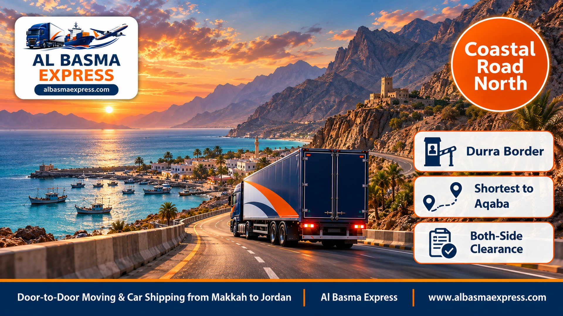 A road passing a turquoise beach, a fishing village and towering mountains in north-western Saudi Arabia near the Jordanian border at sunset with a navy truck