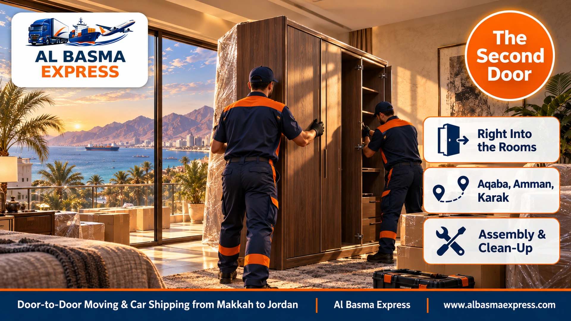 A modern house in Aqaba with a palm garden and gulf view, two workers carrying in a wrapped wardrobe and assembling it in a room