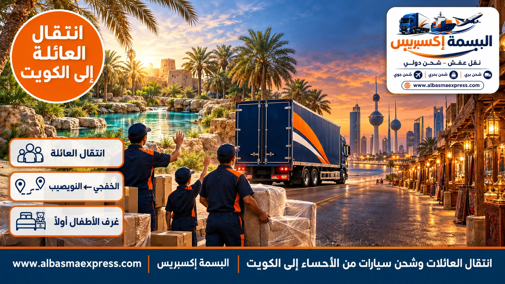 انتقال العائلات وشحن سيارات من الأحساء إلى الكويت: العائلة والبيت على طريق واحد حتى الليلة الأولى