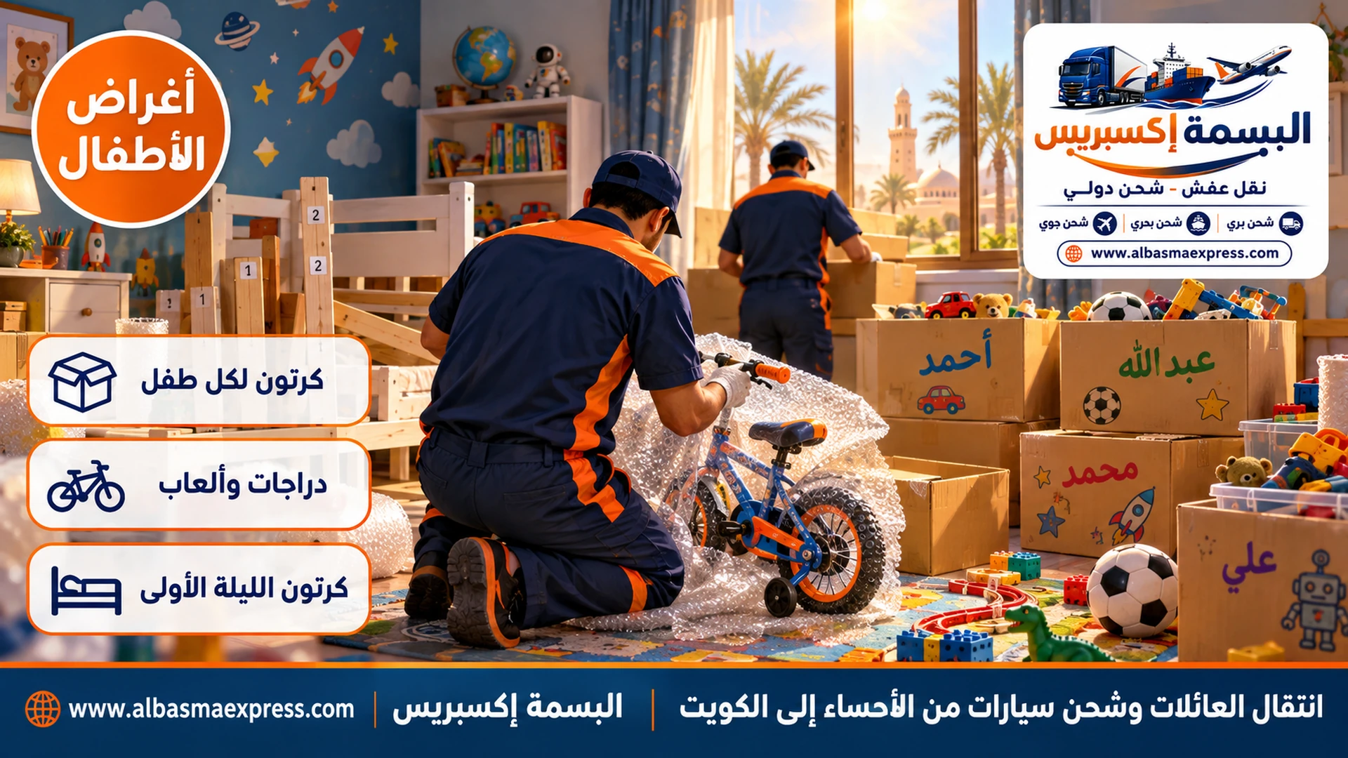 عامل يغلف دراجة صغيرة في غرفة أطفال ملونة ببيت في الهفوف وكراتين ألعاب بأسماء الأطفال وسرير أطفال مفكك مرقم