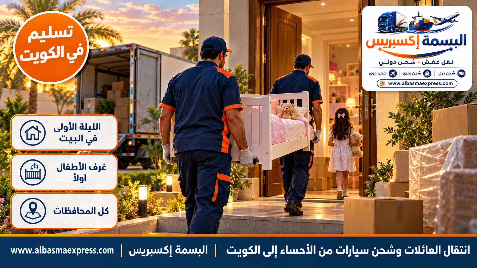عاملان يحملان سرير أطفال إلى بيت كويتي حديث بحديقة أمامية وطفلة صغيرة تمسك دمية عند الباب