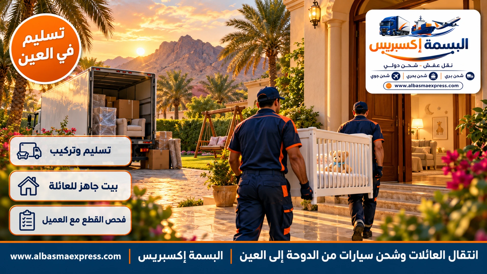 عاملان يحملان سرير أطفال إلى داخل فيلا عائلية بحديقة نخيل وأرجوحة في العين