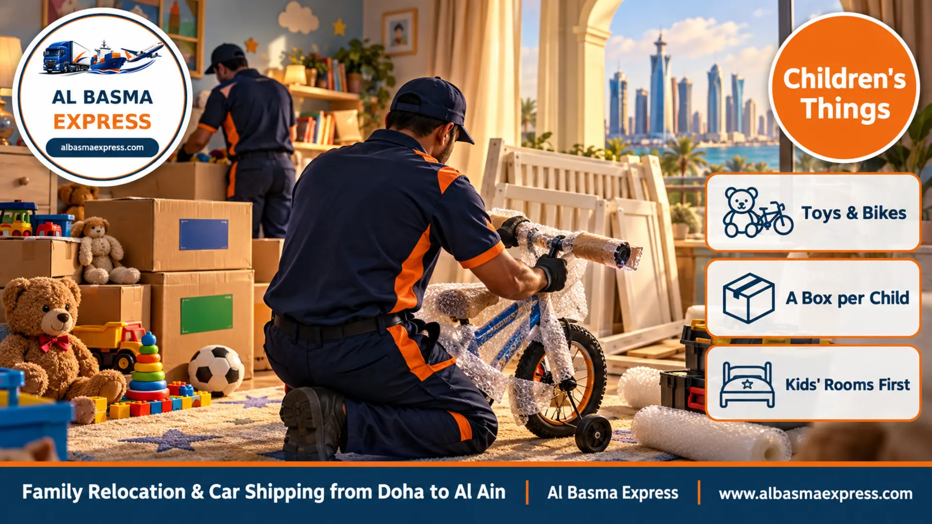 A worker wrapping a child's small bicycle and protecting its handlebars in a children's room in a Doha villa, with toy boxes and a dismantled cot