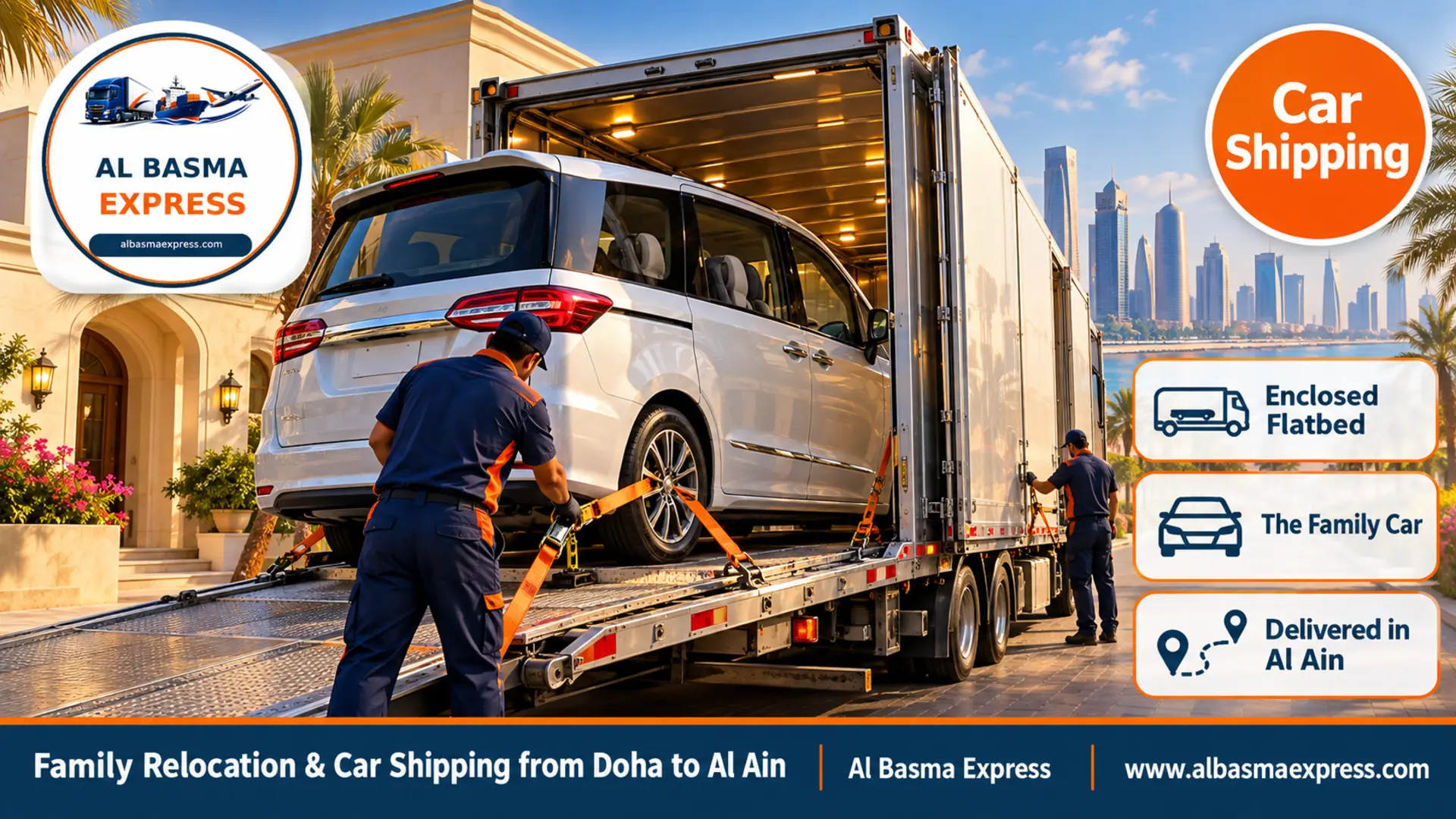 A large family van on an enclosed flatbed outside a villa in Doha with child seats visible through the window