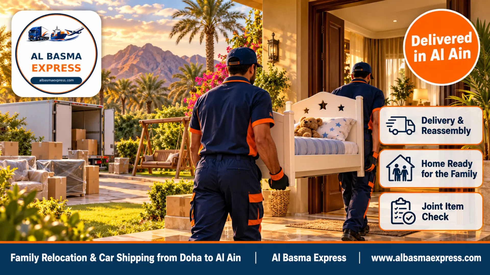 Two workers carrying a child's bed into a family villa with a palm garden and a swing in Al Ain
