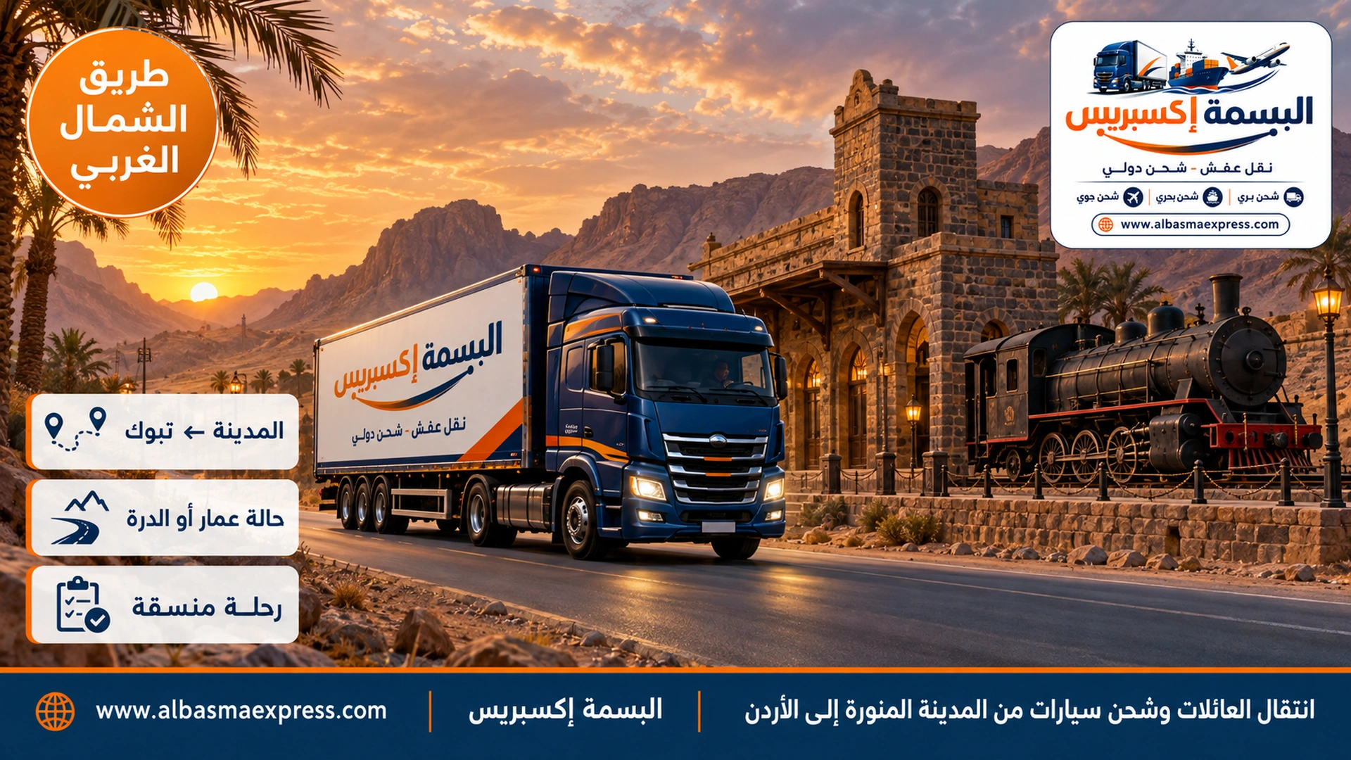 طريق يمر بمحطة قطار تراثية حجرية قديمة وقاطرة بخارية معروضة في صحراء شمال الحجاز عند الغسق وشاحنة كحلية تمر بجانبها