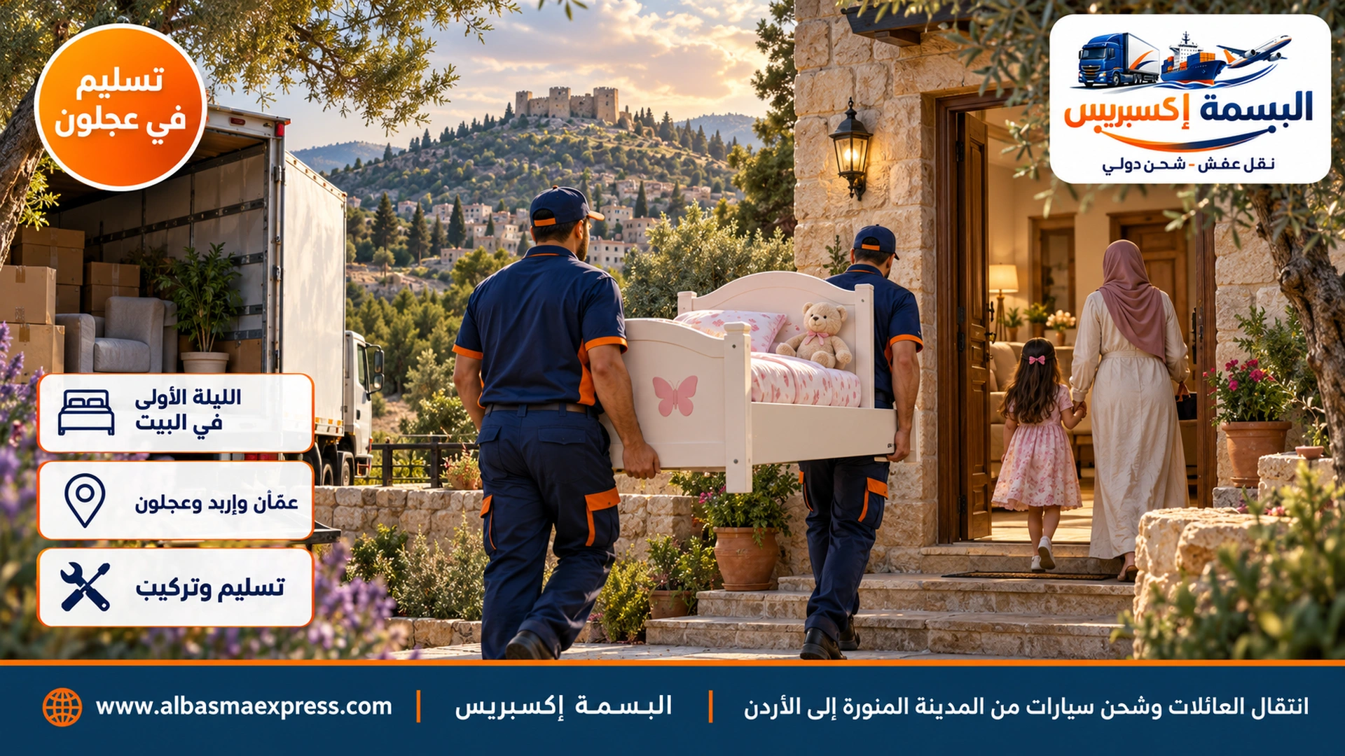 عاملان يحملان سرير أطفال إلى بيت حجري أردني بين أشجار الصنوبر والزيتون وطفلة تمسك يد أمها عند الباب