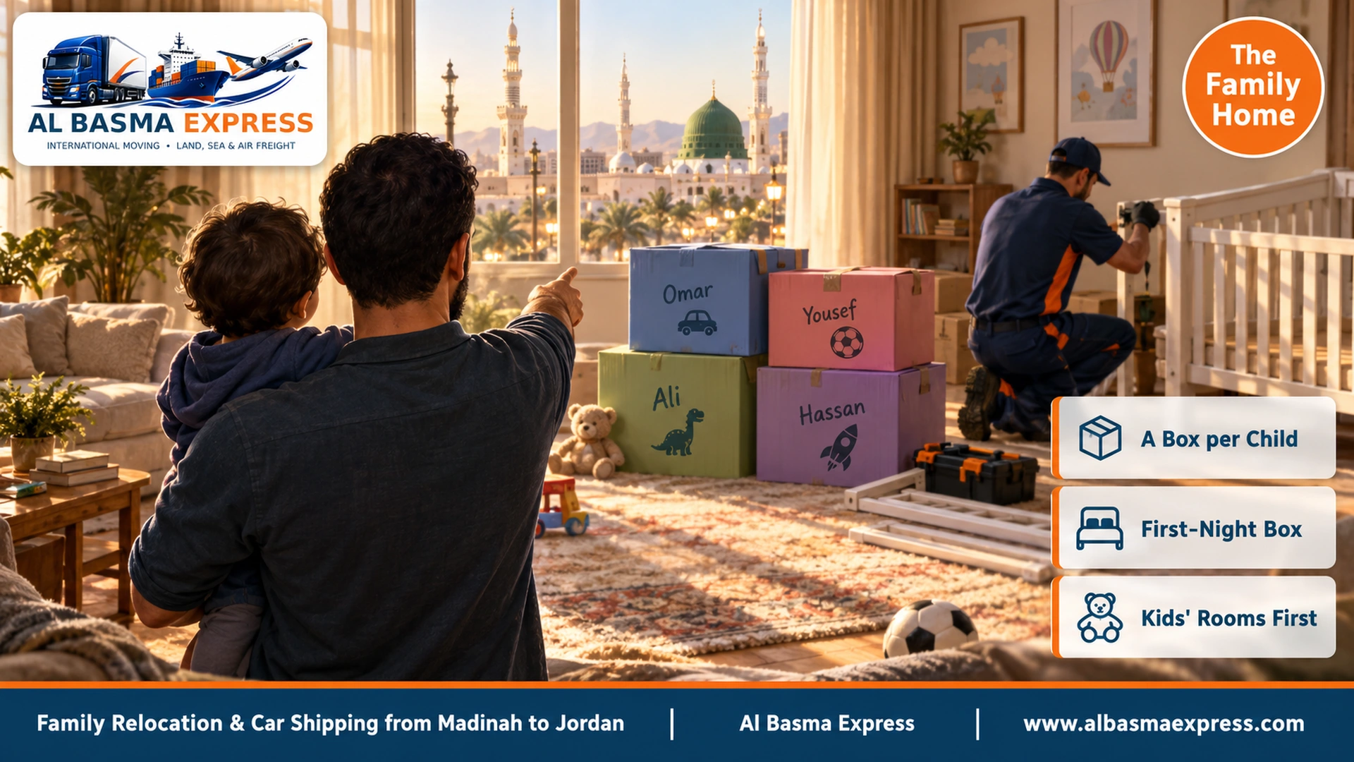 A father holding a small child and pointing at colourful boxes with the children's names in a family living room in Madinah while a worker dismantles a cot