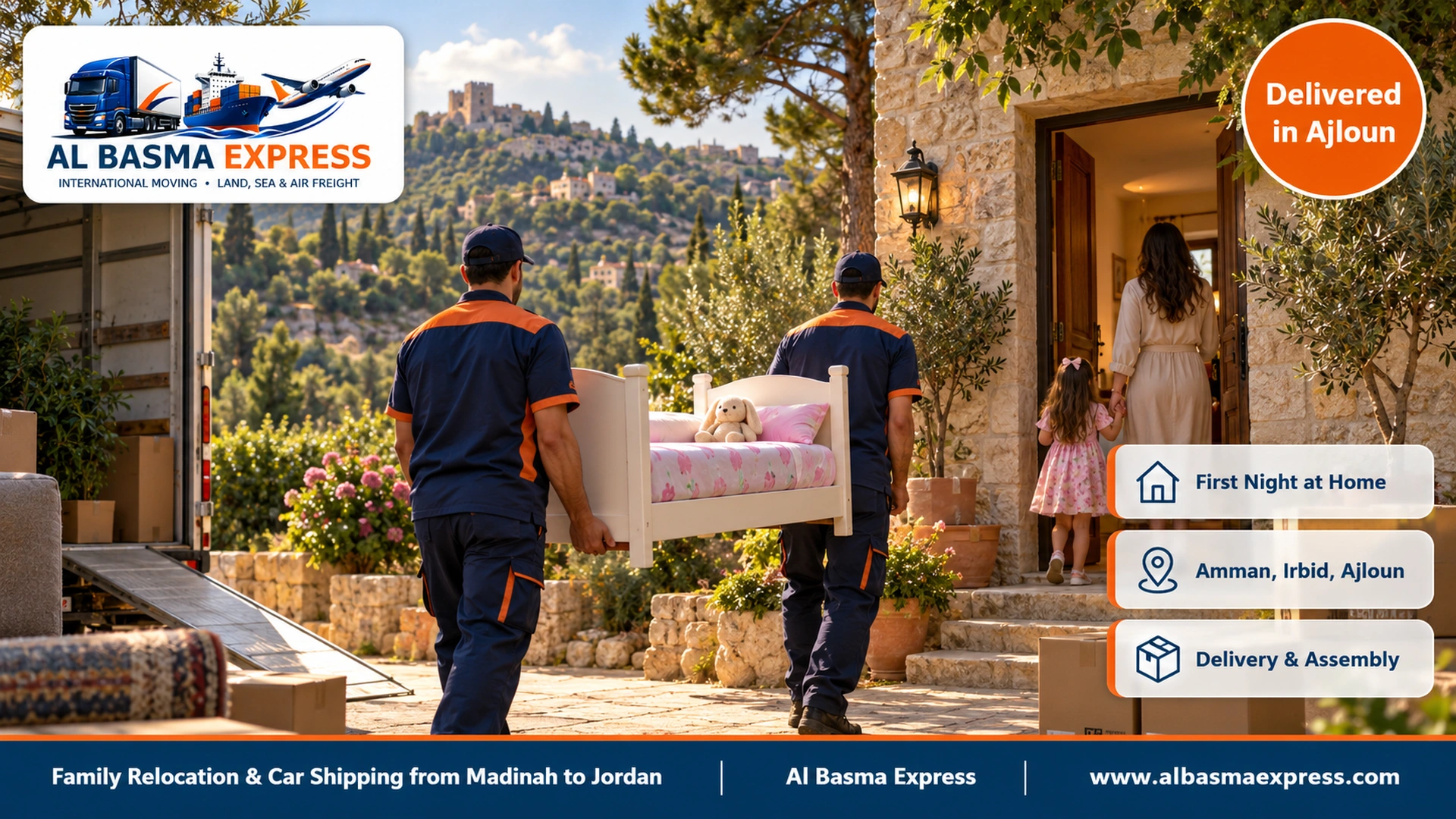 Two workers carrying a child's bed into a Jordanian stone house among pine and olive trees while a girl holds her mother's hand at the door