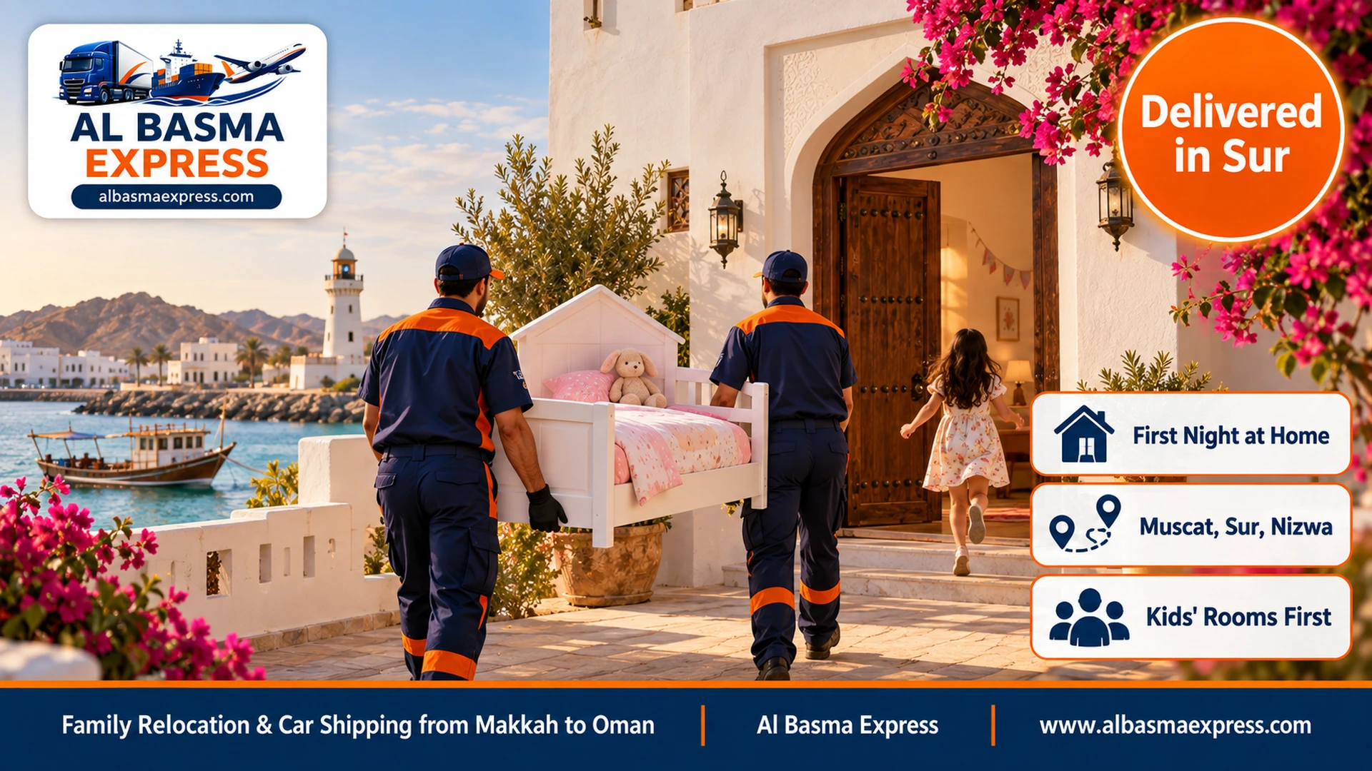 A white Omani house near a sea creek and a small lighthouse in Sur with two workers carrying a child's bed and a little girl running towards the door
