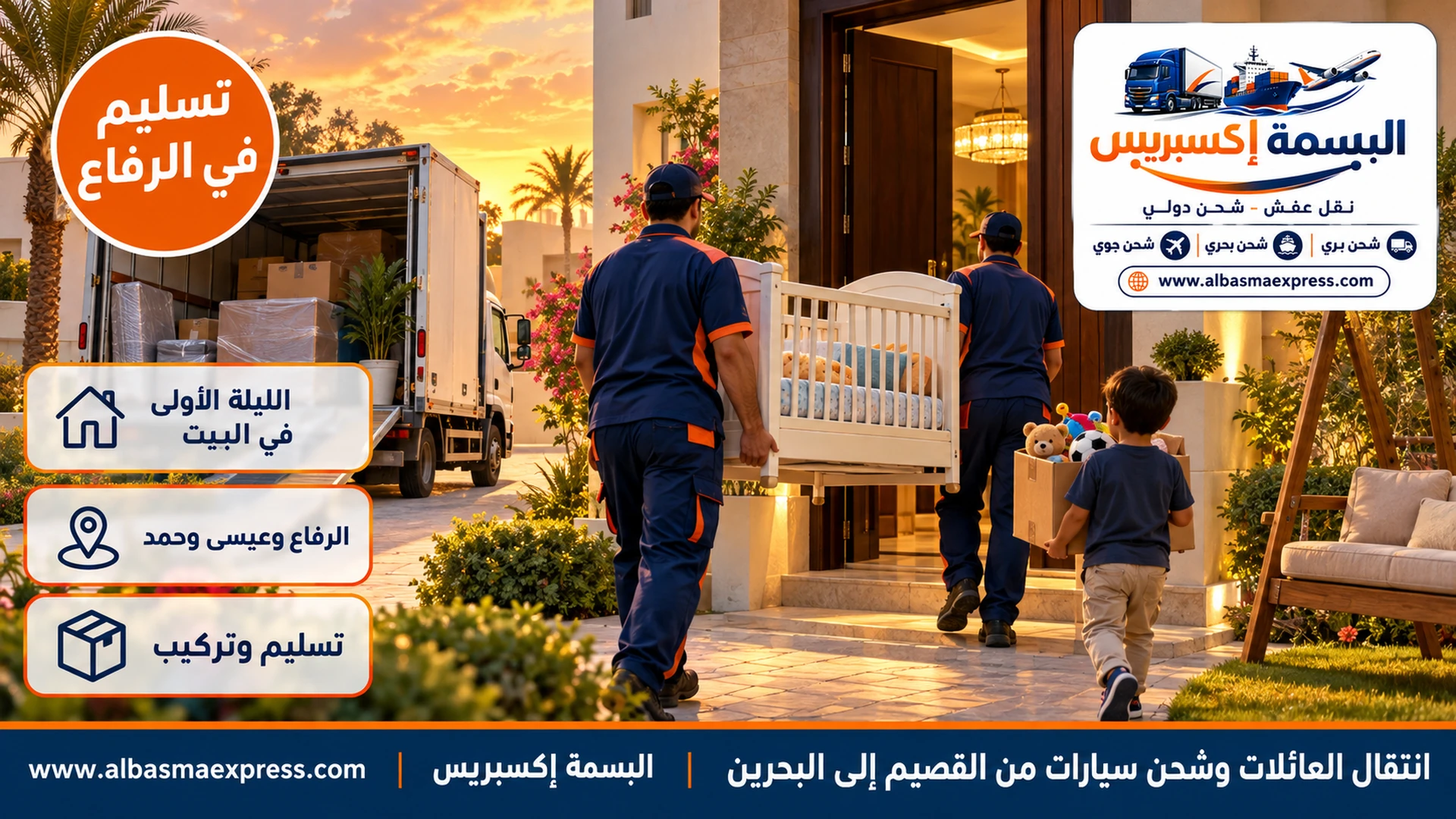 عاملان يحملان سرير أطفال إلى فيلا بحرينية حديثة بحديقة صغيرة وأرجوحة وطفل يحمل كرتون ألعابه