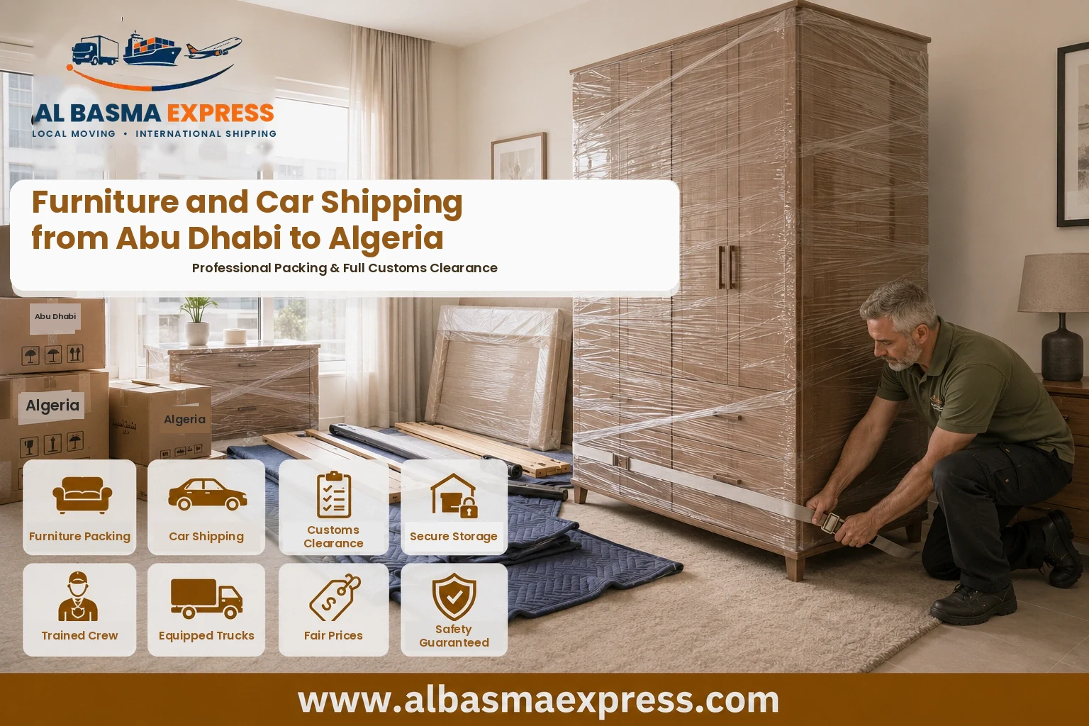 Wardrobe being wrapped in Abu Dhabi for shipping to Algeria