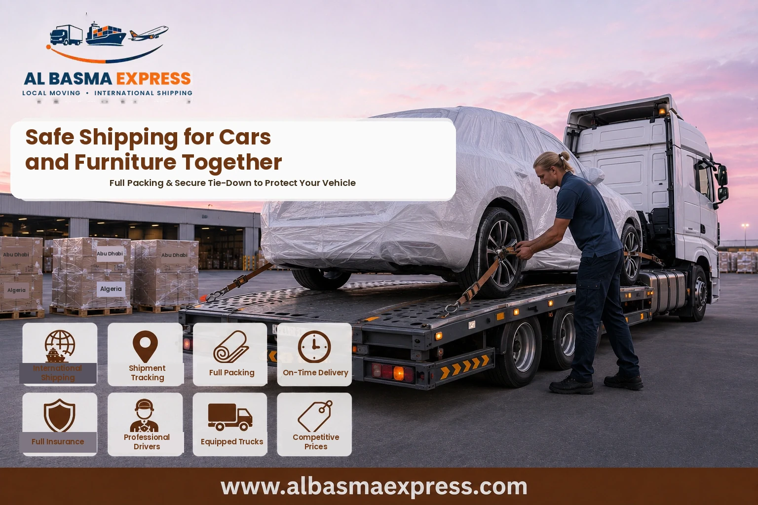 Covered car being secured on a flatbed for shipping from Abu Dhabi to Algeria
