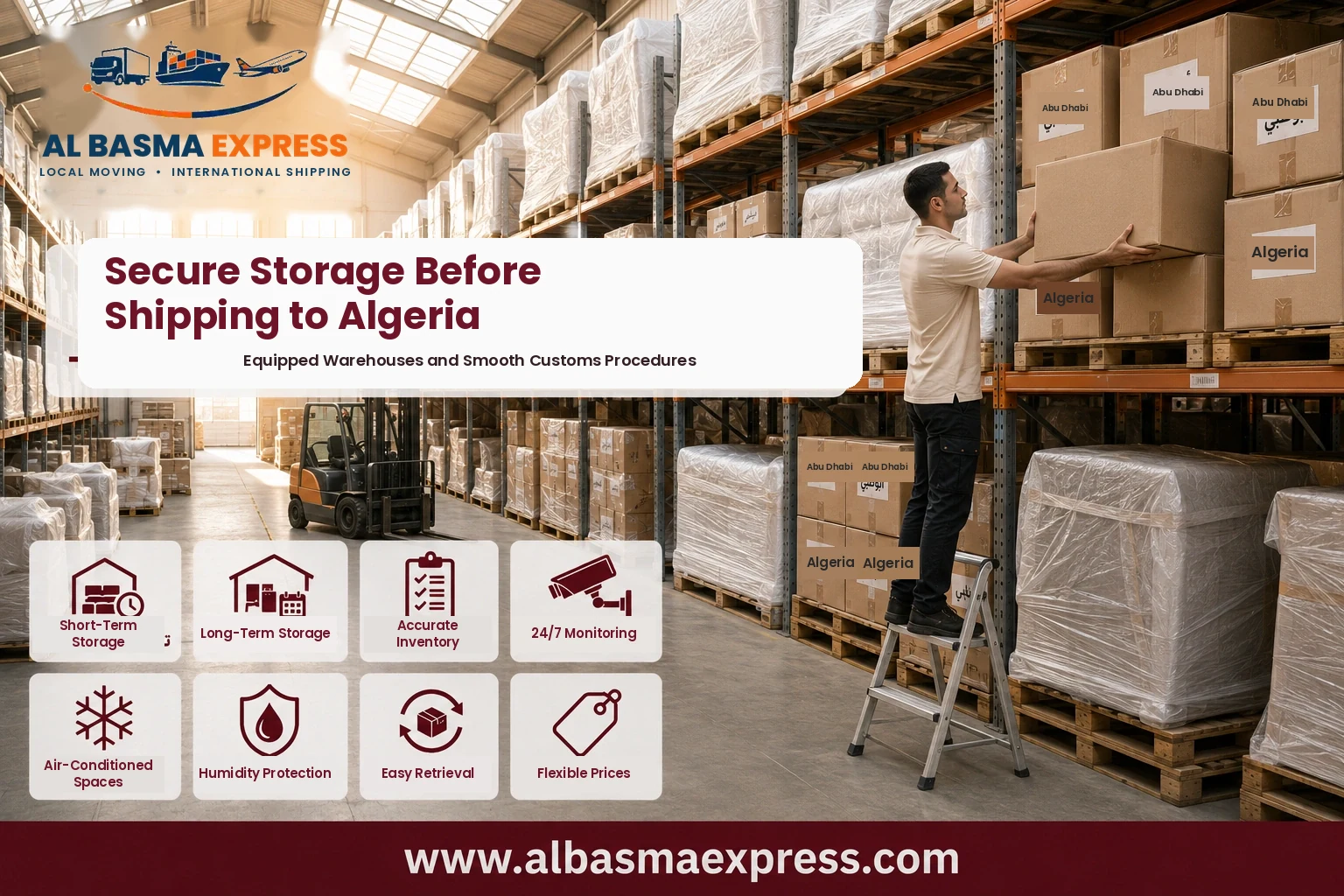 Boxes stored in an equipped warehouse before shipping from Abu Dhabi to Algeria