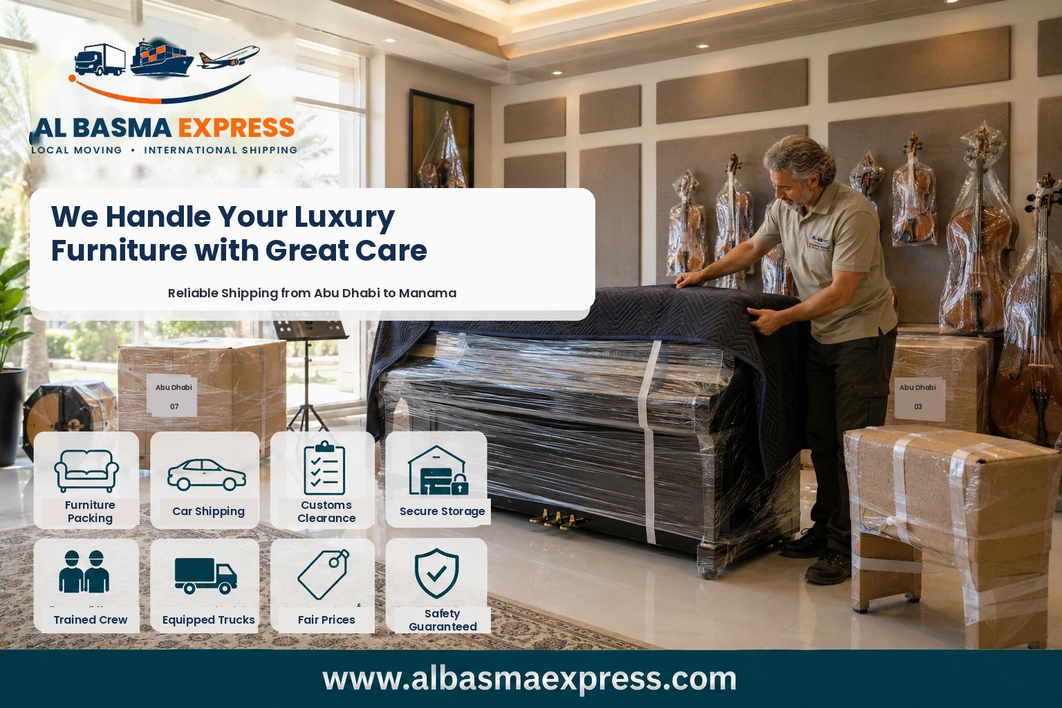 Luxury furniture being wrapped in Abu Dhabi for shipping to Bahrain