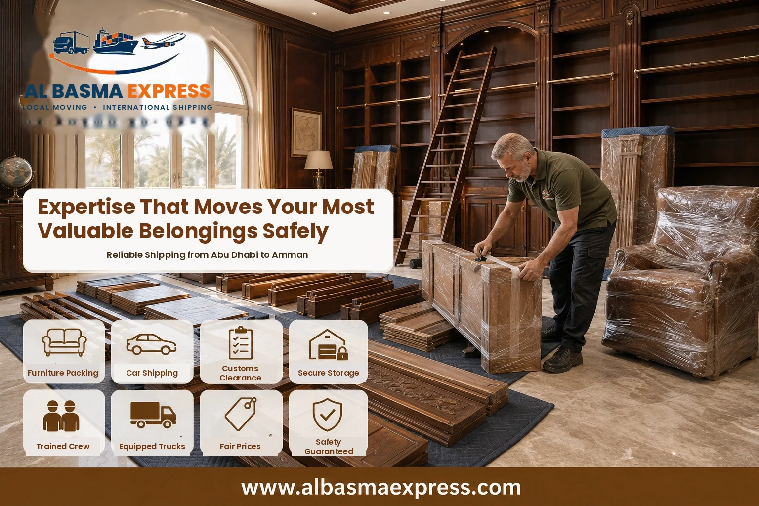 Antique furniture being wrapped in Abu Dhabi for shipping to Jordan
