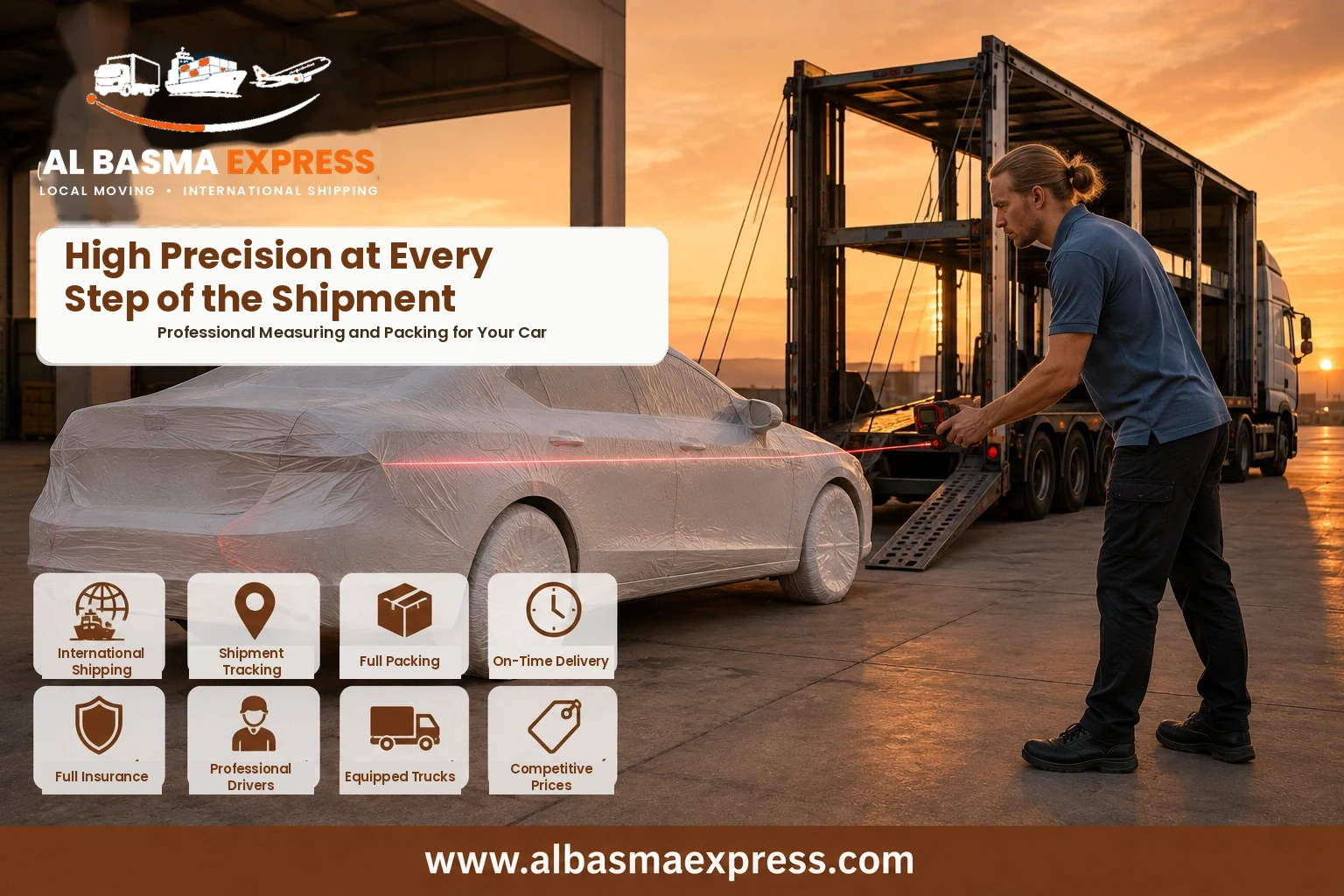 Covered car being measured before loading for shipping from Abu Dhabi to Jordan