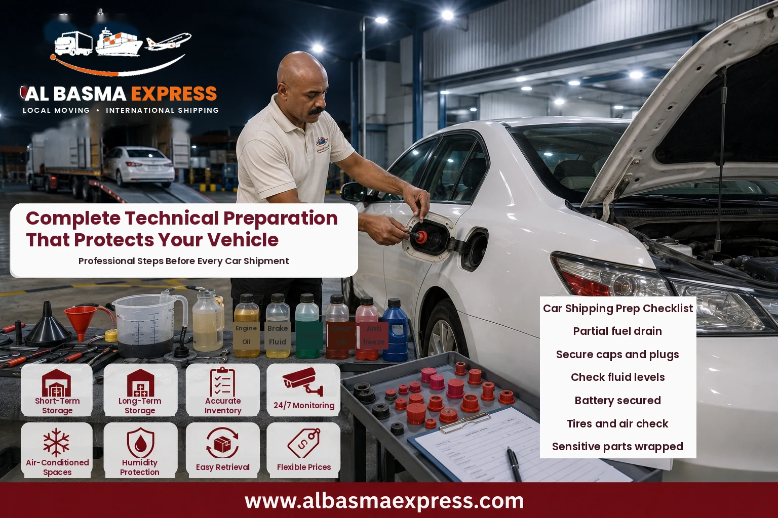 Car being technically prepared before shipping from Abu Dhabi to Jordan