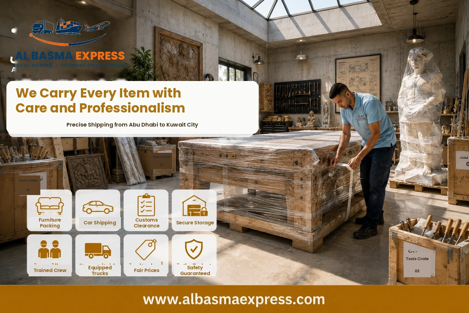 Wooden crate being wrapped in Abu Dhabi for shipping to Kuwait