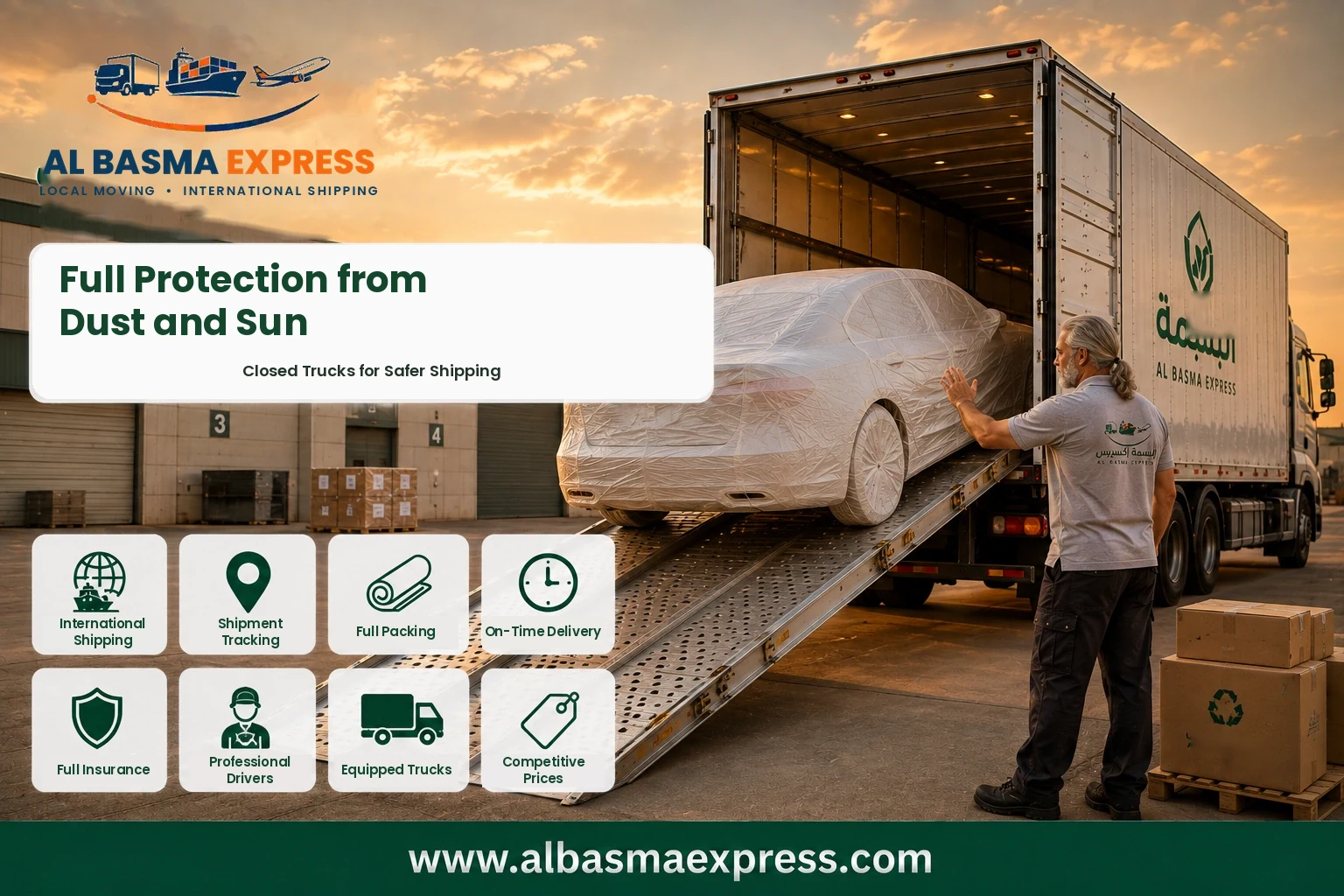 Covered car being loaded into a closed truck for shipping from Abu Dhabi to Kuwait