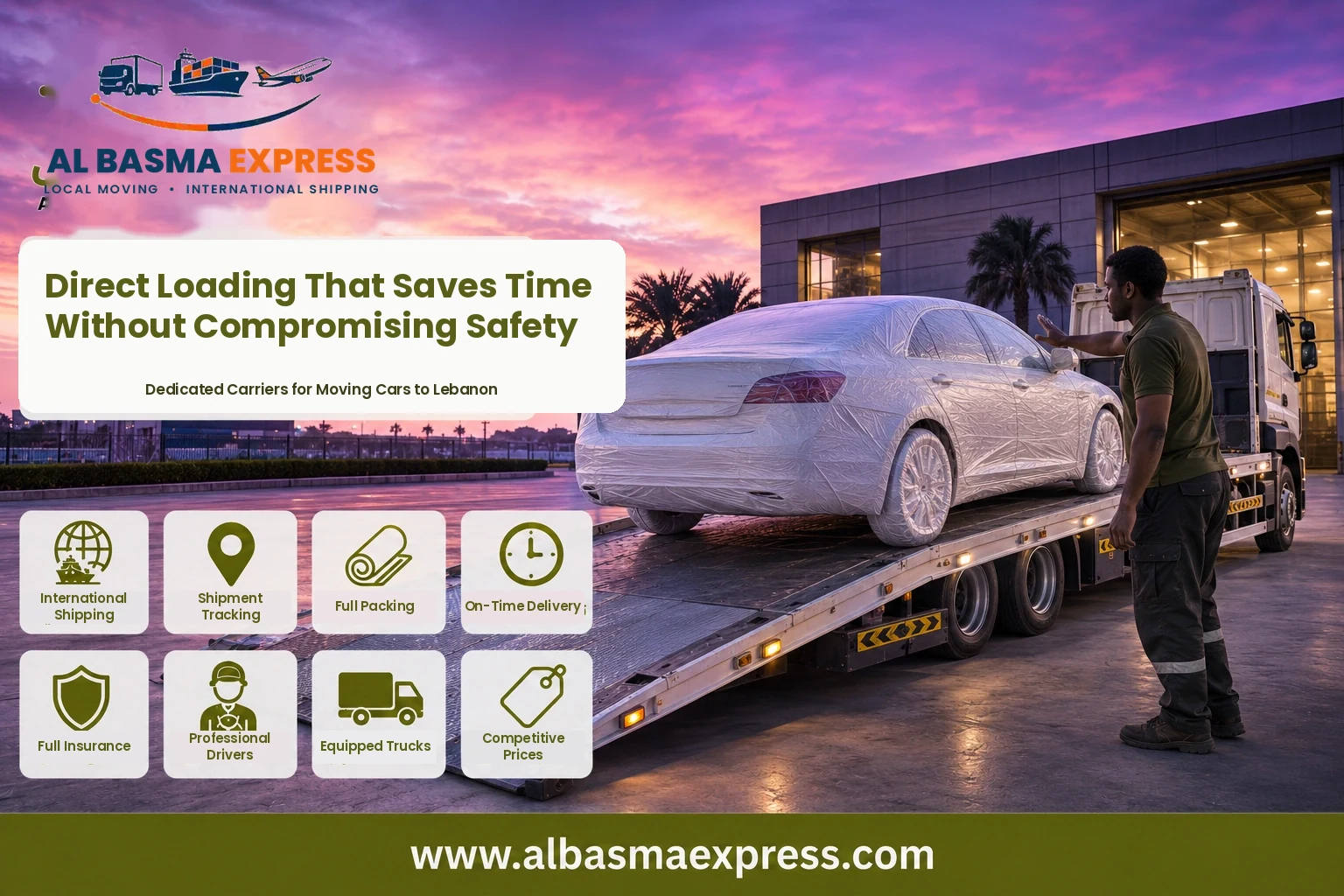 Covered car being loaded onto a dedicated carrier for shipping from Abu Dhabi to Lebanon