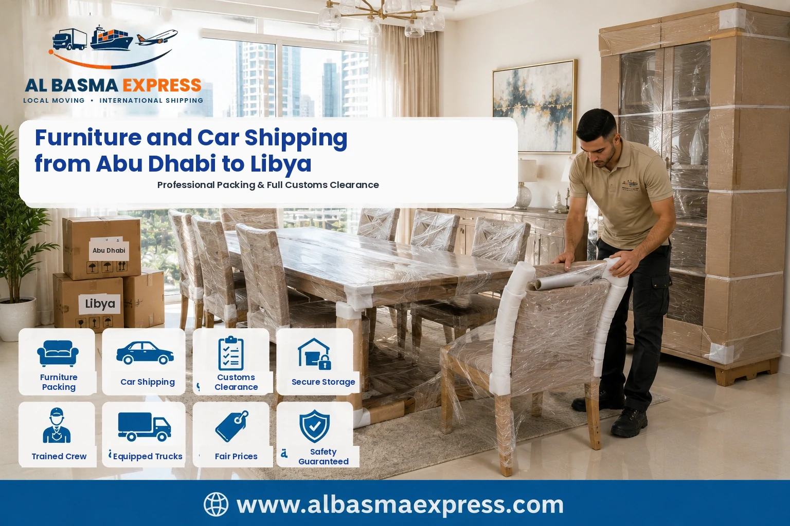 Dining furniture being wrapped in Abu Dhabi for shipping to Libya