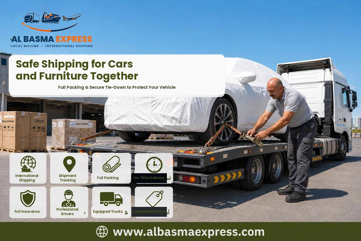 Covered car being secured on a flatbed for shipping from Abu Dhabi to Libya