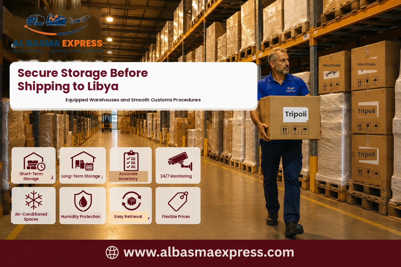 Boxes stored in an equipped warehouse before shipping from Abu Dhabi to Libya