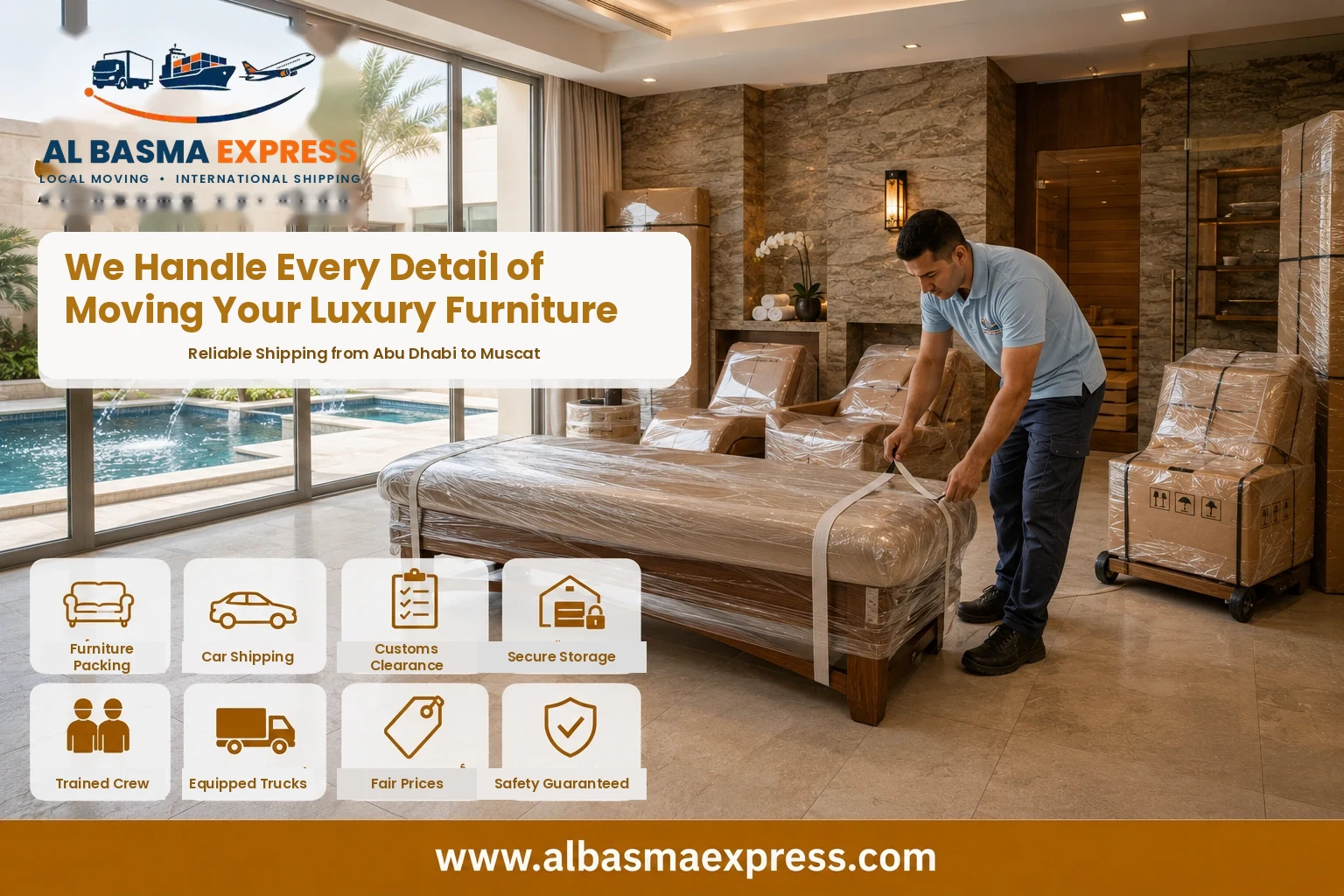 Bedroom furniture being wrapped in Abu Dhabi for shipping to Oman