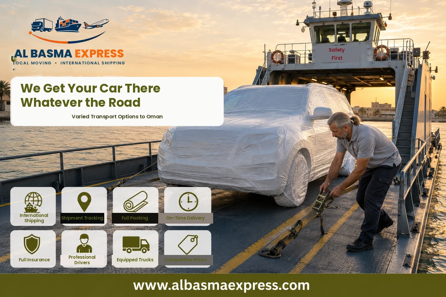 Covered car secured on a ferry deck for shipping from Abu Dhabi to Oman