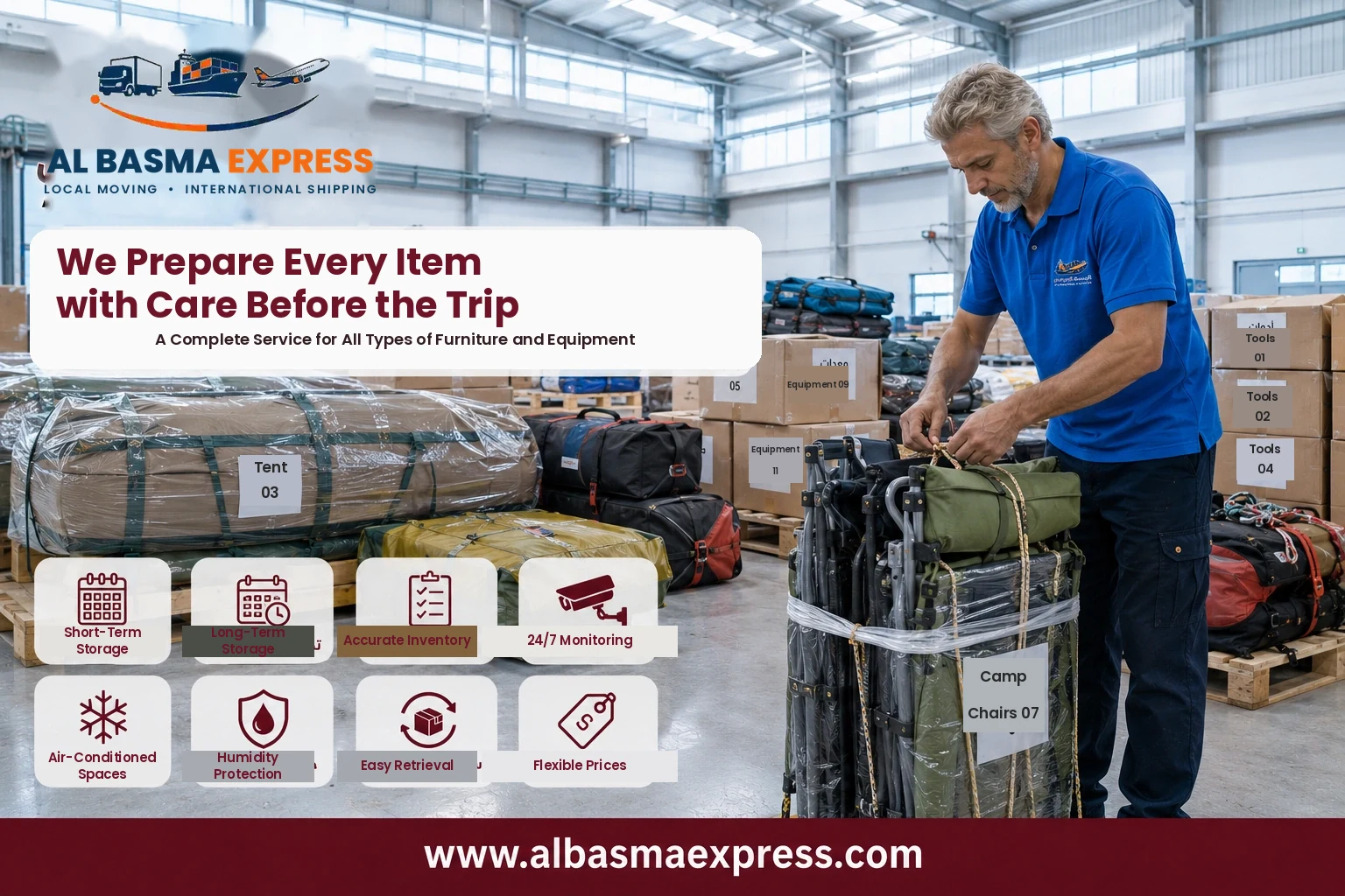 Equipment and camping gear being prepared before shipping from Abu Dhabi to Oman