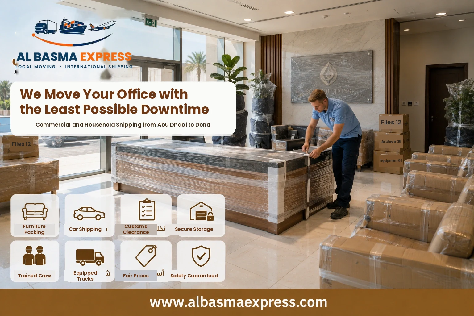 Office furniture being wrapped in Abu Dhabi for shipping to Qatar