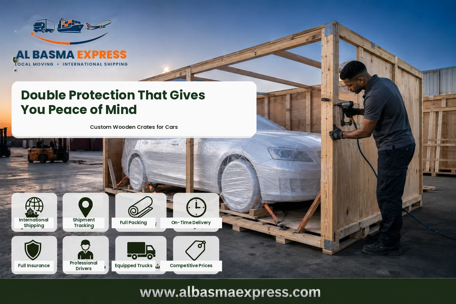 Car being packed inside a custom wooden crate for shipping from Abu Dhabi to Qatar