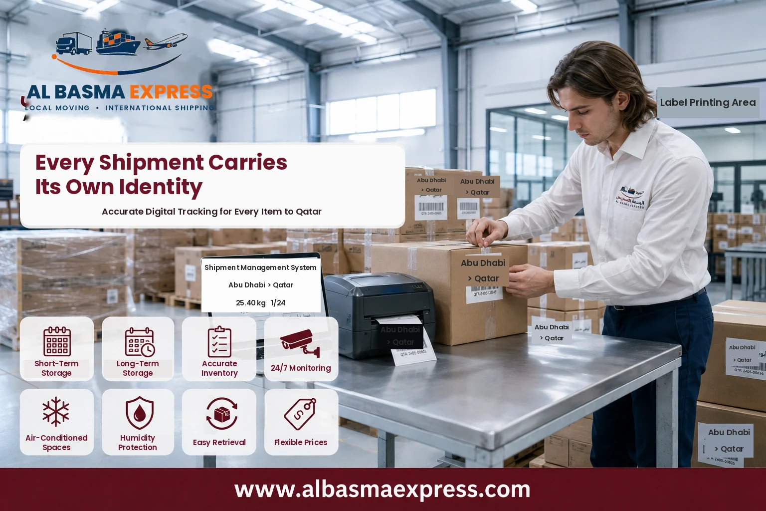 Shipping labels being printed and applied before shipping from Abu Dhabi to Qatar