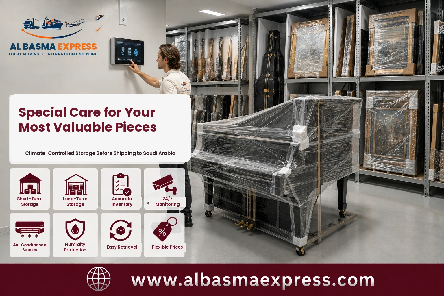 Piano wrapped in climate-controlled storage before shipping from Abu Dhabi to Saudi Arabia