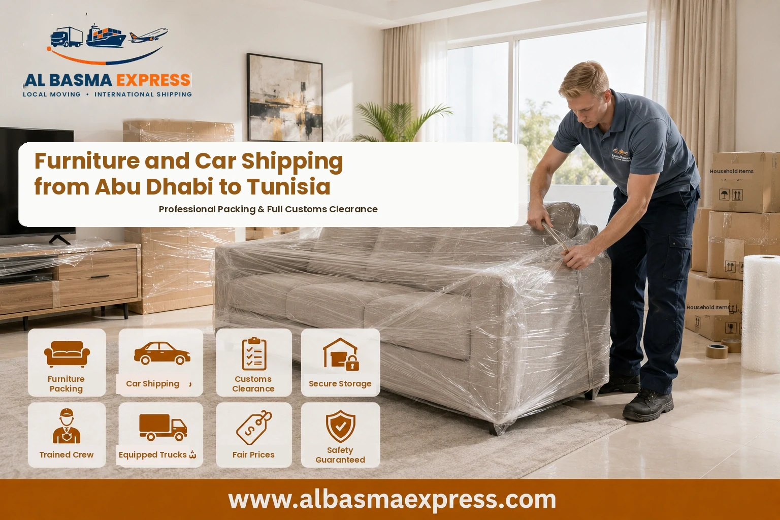 Sofa being wrapped in Abu Dhabi for shipping to Tunisia
