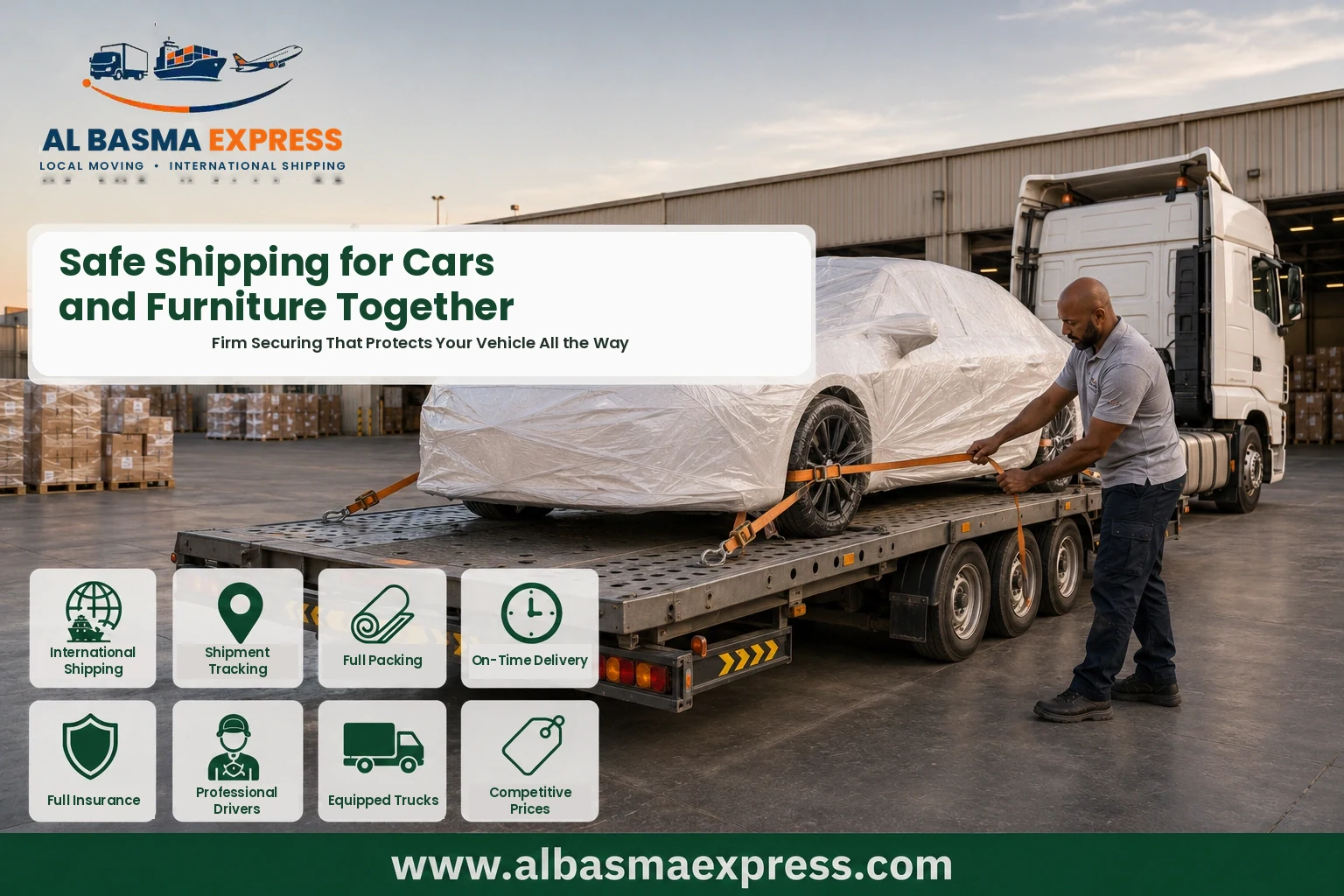 Covered car secured on a flatbed for shipping from Abu Dhabi to Tunisia