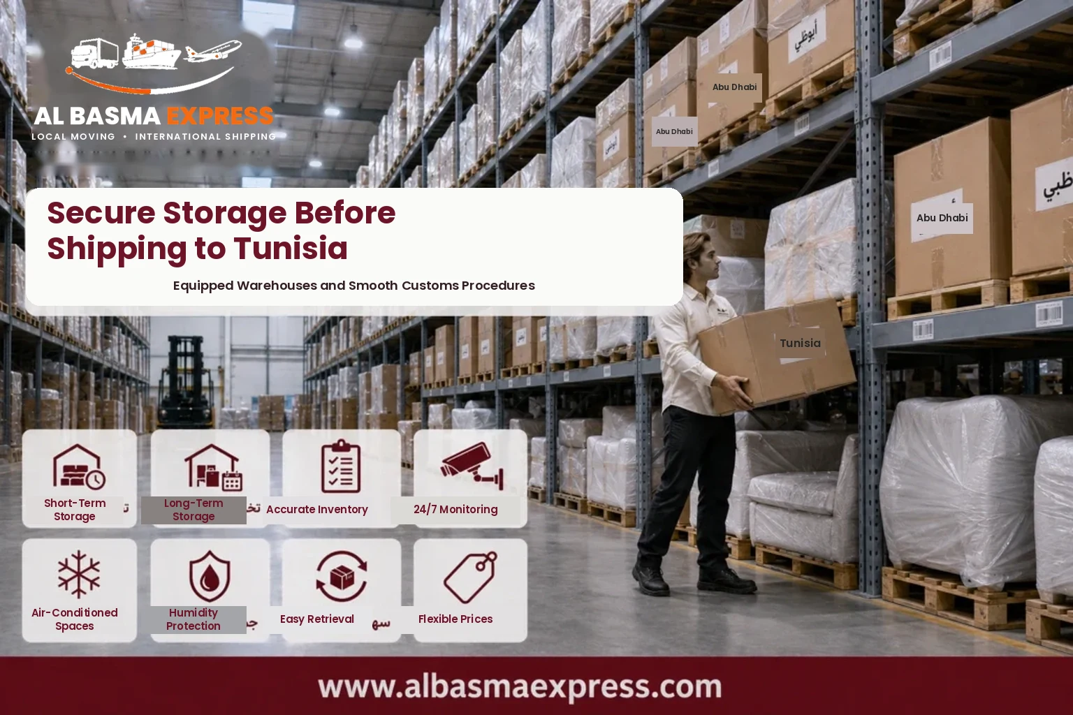 Boxes stored in an equipped warehouse before shipping from Abu Dhabi to Tunisia